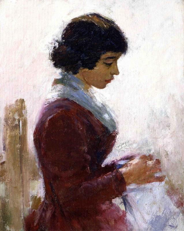 Theodore Robinson Girl in Red Sewing
